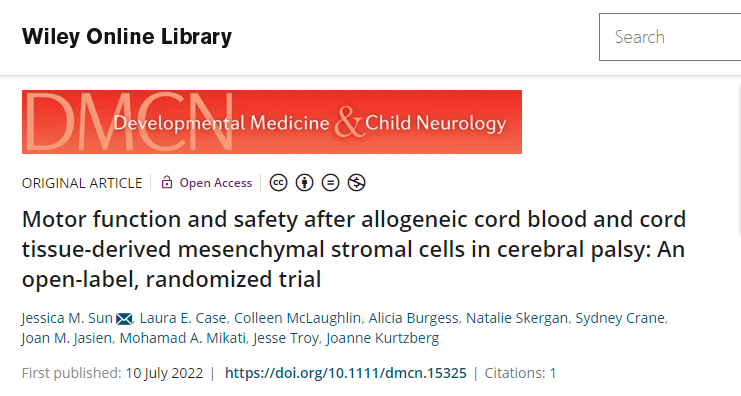 美國杜克大學(xué)：臍帶血和臍帶間充質(zhì)干細(xì)胞治療腦癱后的運動功能和安全性研究