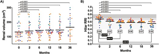 隨時間測量的腎體積和腎動脈阻力指數。 隨時間測量的腎體積和腎動脈阻力指數。