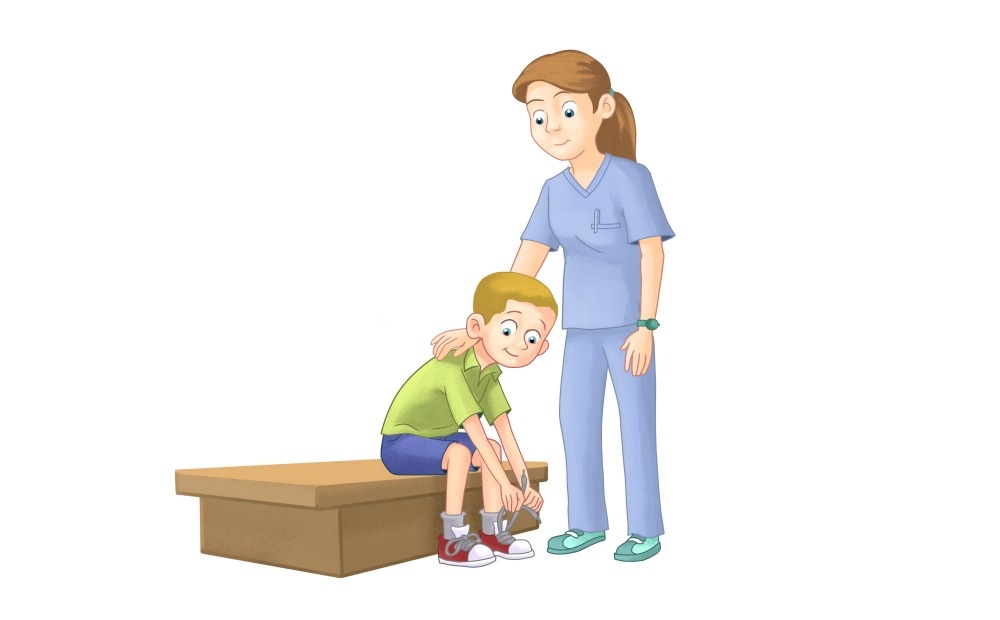 治療師幫助腦性癱瘓患者進(jìn)行日?；顒?dòng)。?