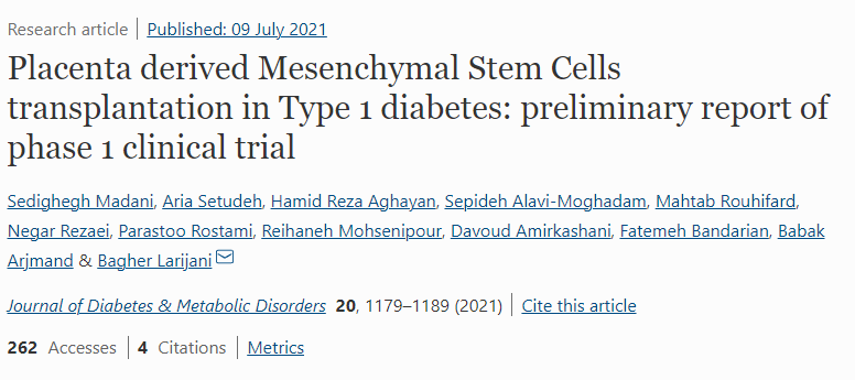 胎盤間充質干細胞移植治療1型糖尿病:1期臨床試驗初步報告 胎盤間充質干細胞移植治療1型糖尿病:1期臨床試驗初步報告