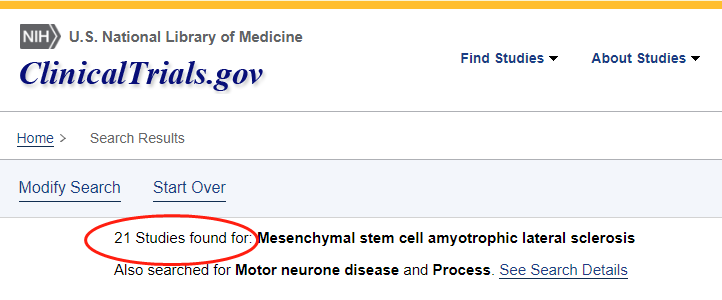 clinicaltrials.gov網(wǎng)站上注冊(cè)的有關(guān)間充質(zhì)干細(xì)胞治療肌萎縮側(cè)索硬化癥的臨床研究項(xiàng)目有21項(xiàng)。