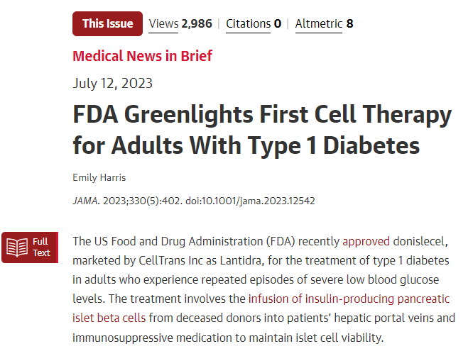 FDA批準首個針對成人1型糖尿病的細胞療法 FDA批準首個針對成人1型糖尿病的細胞療法
