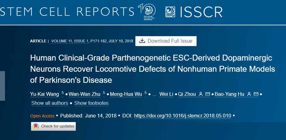 人類臨床級孤雌生殖 ESC 衍生的多巴胺能神經元可恢復非人類靈長類動物帕金森病模型的運動缺陷 人類臨床級孤雌生殖 ESC 衍生的多巴胺能神經元可恢復非人類靈長類動物帕金森病模型的運動缺陷