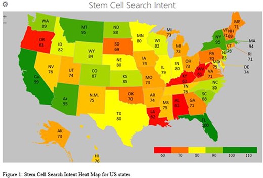 得出的數據隨后被應用到全國熱圖中,以確定哪些州最感興趣 得出的數據隨后被應用到全國熱圖中,以確定哪些州最感興趣