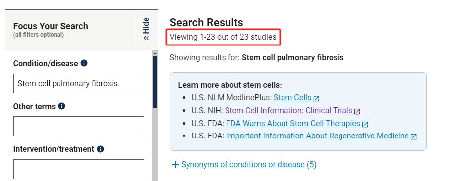 干細(xì)胞治療肺纖維化的臨床研究項目有23項。