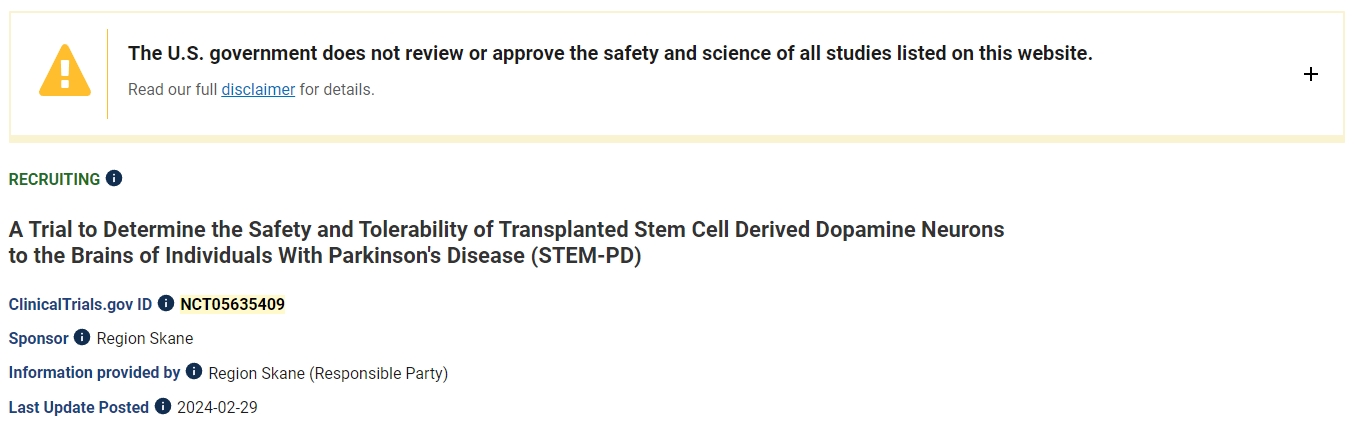 一項旨在確定將干細胞衍生的多巴胺神經元移植到帕金森病患者大腦的安全性和耐受性的試驗 (STEM-PD)