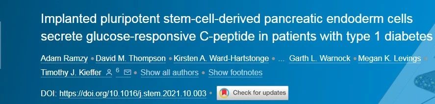 移植的多能干細(xì)胞衍生的胰腺內(nèi)胚層細(xì)胞在1型糖尿病患者中分泌葡萄糖響應(yīng)C肽 移植的多能干細(xì)胞衍生的胰腺內(nèi)胚層細(xì)胞在1型糖尿病患者中分泌葡萄糖響應(yīng)C肽