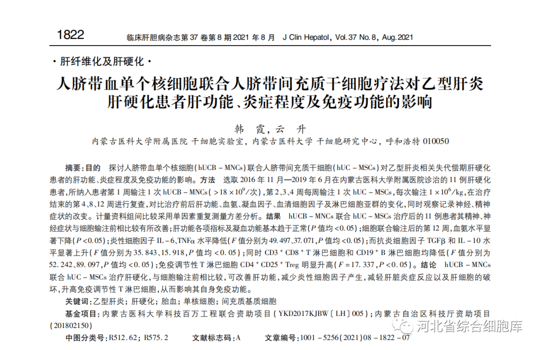 人臍帶血單個(gè)核細(xì)胞聯(lián)合人臍帶問(wèn)充質(zhì)干細(xì)胞療法對(duì)乙型肝炎肝硬化患者肝功能、炎癥程度及免疫功能的影響