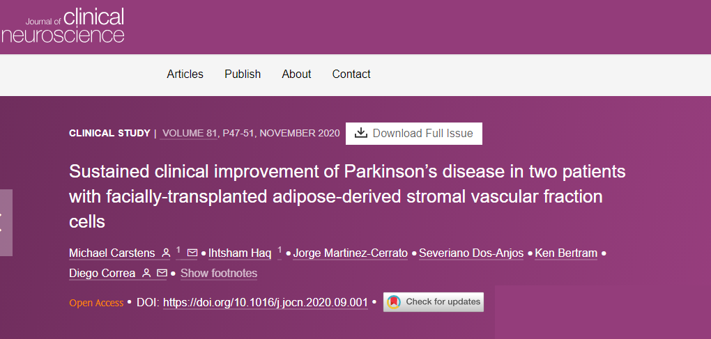 兩名接受面部移植脂肪來源的基質(zhì)血管成分細(xì)胞的帕金森病患者臨床癥狀持續(xù)改善