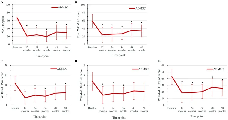 與對(duì)照組患者相比,在注射后6個(gè)月直至隨訪結(jié)束時(shí),經(jīng)過(guò)間充質(zhì)干細(xì)胞臨床治療的膝骨關(guān)節(jié)炎患者膝骨關(guān)節(jié)疼痛程度更輕且膝骨關(guān)節(jié)功能狀態(tài)更好。 與對(duì)照組患者相比,在注射后6個(gè)月直至隨訪結(jié)束時(shí),經(jīng)過(guò)間充質(zhì)干細(xì)胞臨床治療的膝骨關(guān)節(jié)炎患者膝骨關(guān)節(jié)疼痛程度更輕且膝骨關(guān)節(jié)功能狀態(tài)更好。