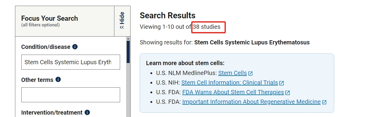 clinicaltrials.gov網(wǎng)站上注冊的有關(guān)干細胞治療系統(tǒng)性紅斑狼瘡的臨床研究項目有38項。其中已完成的有10項。 clinicaltrials.gov網(wǎng)站上注冊的有關(guān)干細胞治療系統(tǒng)性紅斑狼瘡的臨床研究項目有38項。其中已完成的有10項。