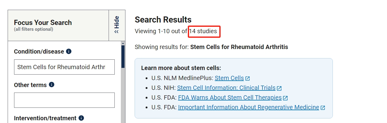 干細胞治療類風(fēng)濕關(guān)節(jié)炎的臨床研究項目有14項。其中已完成的有2項。