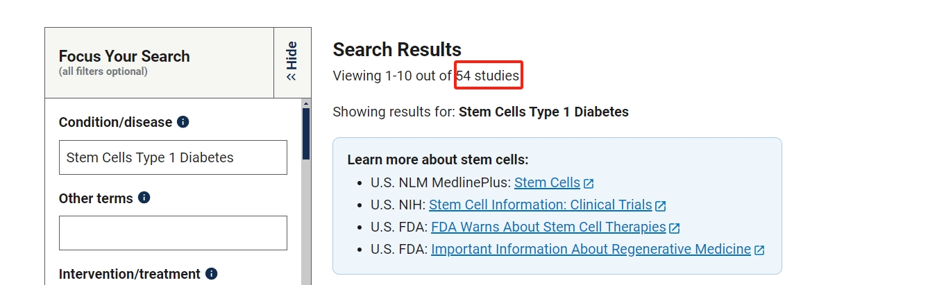 干細胞治療1型糖尿病的臨床研究項目有54項。其中已完成的有13項。