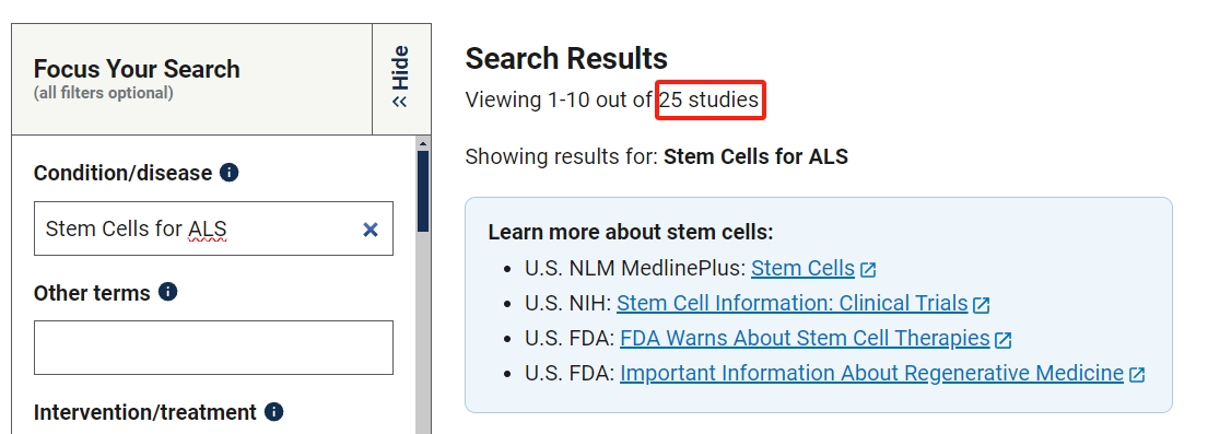 干細胞治療肌萎縮側索硬化癥的臨床研究項目有25項。其中已完成的有8項。