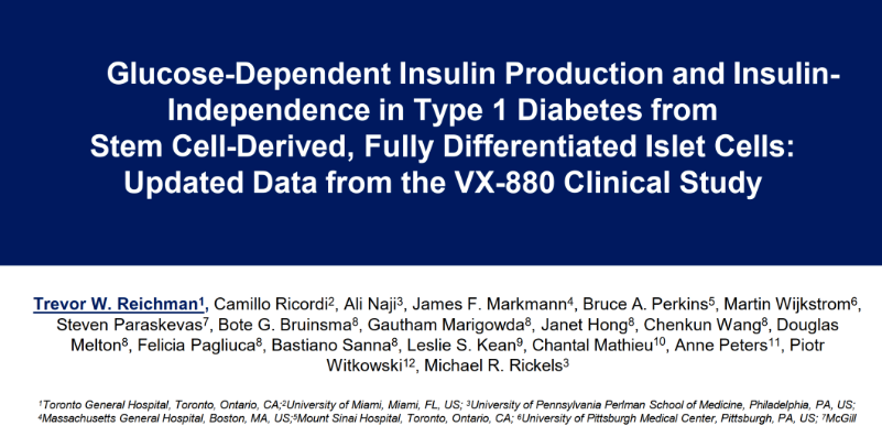 1 型糖尿病患者中來自干細胞衍生的完全分化胰島細胞的葡萄糖依賴性胰島素生成和胰島素非依賴性:VX-880 臨床研究的最新數據 1 型糖尿病患者中來自干細胞衍生的完全分化胰島細胞的葡萄糖依賴性胰島素生成和胰島素非依賴性:VX-880 臨床研究的最新數據