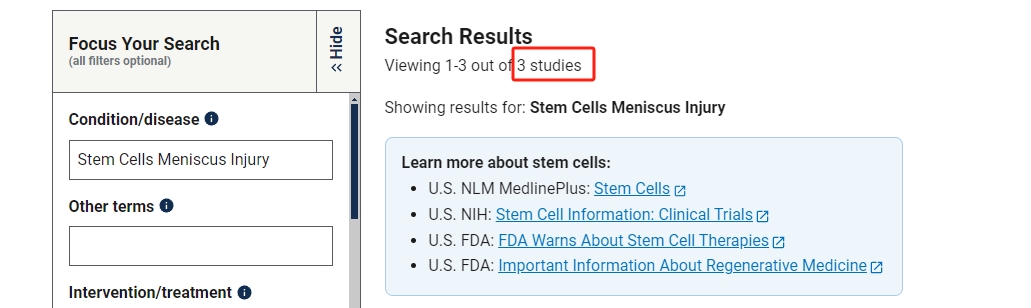clinicaltrials.gov網(wǎng)站上注冊(cè)的有關(guān)干細(xì)胞治療半月板損傷的臨床研究項(xiàng)目有3項(xiàng)