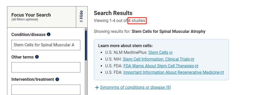 干細胞治療脊髓性肌萎縮癥的臨床研究項目有4項。其中已完成的有1項。 干細胞治療脊髓性肌萎縮癥的臨床研究項目有4項。其中已完成的有1項。