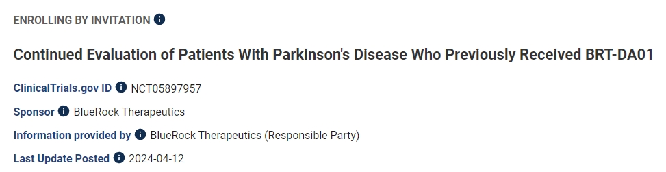 對之前接受過BRT-DA01治療的帕金森病患者進(jìn)行持續(xù)評估 對之前接受過BRT-DA01治療的帕金森病患者進(jìn)行持續(xù)評估