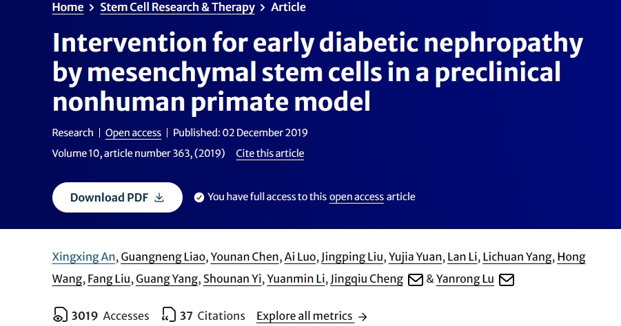 間充質干細胞在臨床前非人類靈長類動物模型中對早期糖尿病腎病的干預 間充質干細胞在臨床前非人類靈長類動物模型中對早期糖尿病腎病的干預