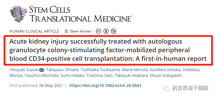自體粒細胞集落刺激因子動員外周血 CD34 陽性細胞移植成功治療急性腎損傷:首次人體報告 自體粒細胞集落刺激因子動員外周血 CD34 陽性細胞移植成功治療急性腎損傷:首次人體報告