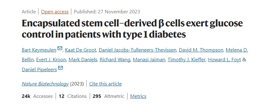 封裝的干細(xì)胞衍生β細(xì)胞在1型糖尿病患者中發(fā)揮血糖控制作用