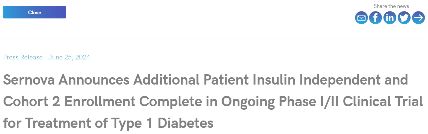 Sernova 宣布正在進行的 1/2 期臨床試驗中，額外的胰島素獨立患者和第 2 組患者入組已完成！用于治療 1 型糖尿病