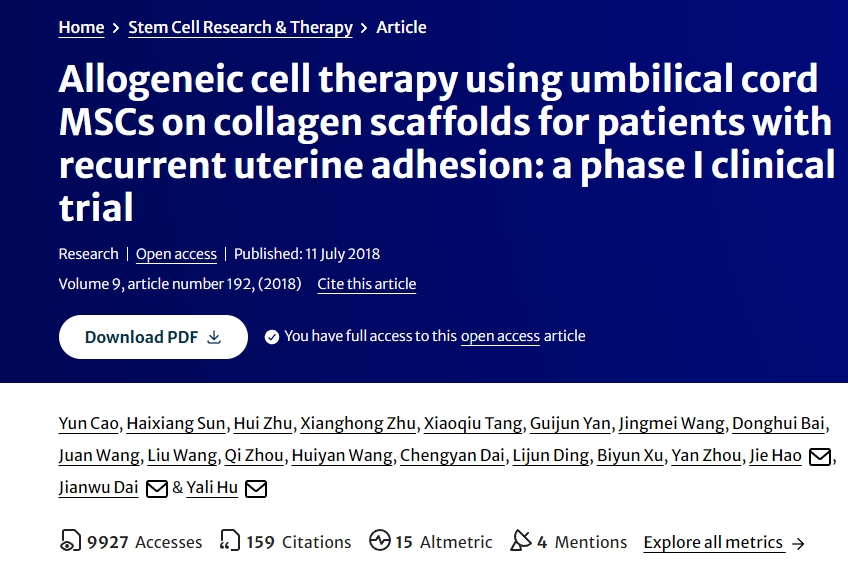 使用臍帶MSCs在膠原支架上進行異基因細胞治療復發(fā)性宮粘連患者:一項I期臨床試驗 使用臍帶MSCs在膠原支架上進行異基因細胞治療復發(fā)性宮粘連患者:一項I期臨床試驗