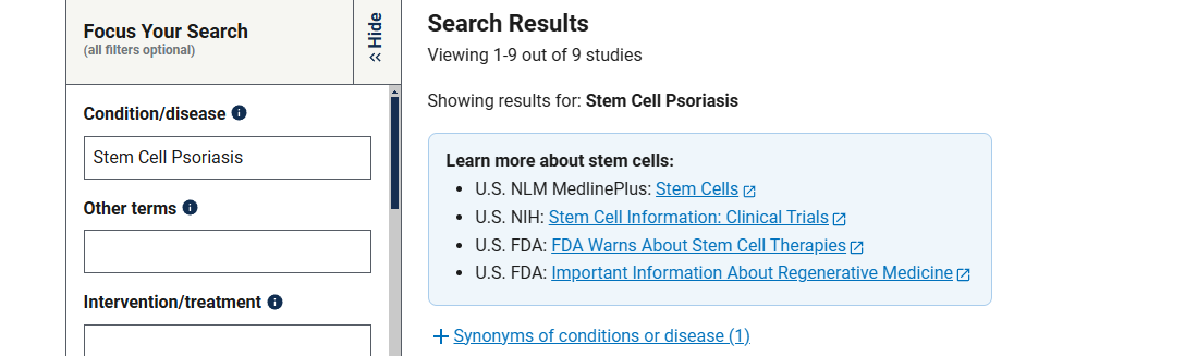 有關(guān)干細(xì)胞治療銀屑病臨床研究項目有9項,已完成的有4項。 有關(guān)干細(xì)胞治療銀屑病臨床研究項目有9項,已完成的有4項。