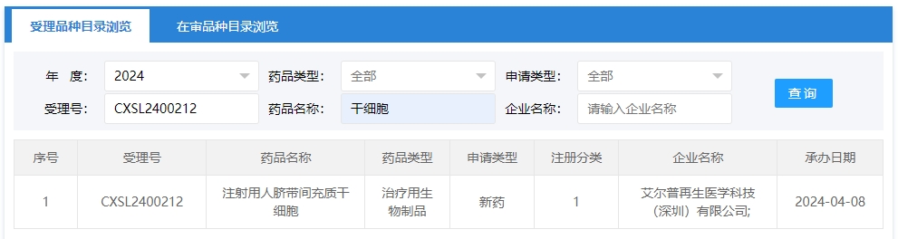 “注射用人臍帶間充質(zhì)干細(xì)胞”的臨床試驗(yàn)申請獲受理（受理號為：CXSL2400212）