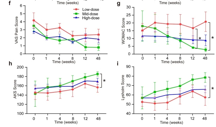 VAS 疼痛評分 ( f )、WOMAC 評分 ( g )。AKS 膝關節評分 ( h ) 和 Lysholm 膝關節量表 ( i )。 VAS 疼痛評分 ( f )、WOMAC 評分 ( g )。AKS 膝關節評分 ( h ) 和 Lysholm 膝關節量表 ( i )。