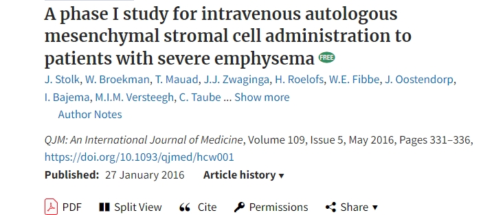 對(duì)重度肺氣腫患者進(jìn)行靜脈自體間充質(zhì)基質(zhì)細(xì)胞治療的I期研究 對(duì)重度肺氣腫患者進(jìn)行靜脈自體間充質(zhì)基質(zhì)細(xì)胞治療的I期研究