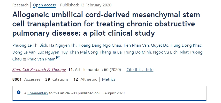 同種異體臍帶間充質(zhì)干細(xì)胞移植治療慢性阻塞性肺病:一項(xiàng)初步臨床研究 同種異體臍帶間充質(zhì)干細(xì)胞移植治療慢性阻塞性肺病:一項(xiàng)初步臨床研究