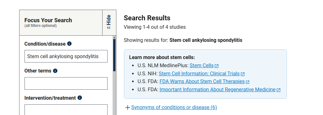 clinicaltrials.gov網站上注冊的有關干細胞治療強直性脊柱炎的臨床研究項目有4項 clinicaltrials.gov網站上注冊的有關干細胞治療強直性脊柱炎的臨床研究項目有4項