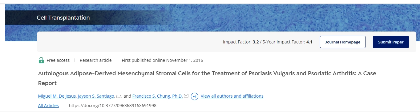 《自體脂肪來源的間充質基質細胞治療尋常型銀屑病和銀屑病關節炎:病例報告》 《自體脂肪來源的間充質基質細胞治療尋常型銀屑病和銀屑病關節炎:病例報告》