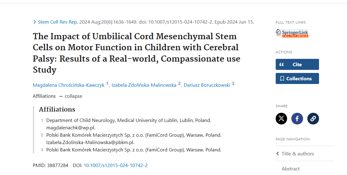 《臍帶間充質干細胞對腦癱兒童運動功能的影響：真實世界、同情使用研究的結果》