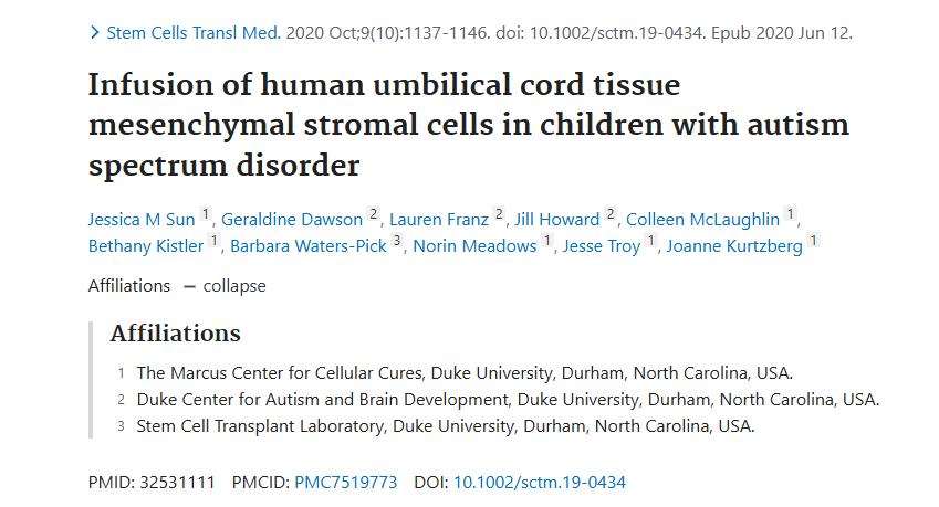《人類臍帶組織間充質(zhì)基質(zhì)細(xì)胞輸注治療自閉癥譜系障礙兒童》 《人類臍帶組織間充質(zhì)基質(zhì)細(xì)胞輸注治療自閉癥譜系障礙兒童》