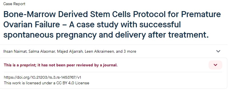 骨髓來源干細胞治療卵巢早衰的方案——治療后成功自然妊娠和分娩的案例研究。