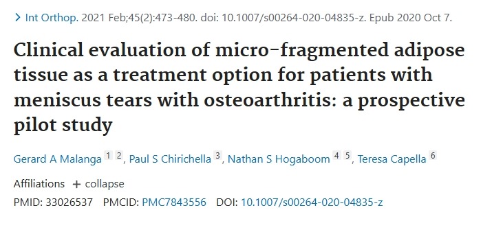 微碎屑脂肪組織作為半月板撕裂伴骨關(guān)節(jié)炎患者的治療選擇的臨床評(píng)價(jià)一項(xiàng)前瞻性試點(diǎn)研究
