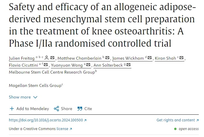 同種異體脂肪間充質(zhì)干細(xì)胞制劑治療膝關(guān)節(jié)骨關(guān)節(jié)炎的安全性和有效性I/IIa期隨機(jī)對(duì)照試驗(yàn) 同種異體脂肪間充質(zhì)干細(xì)胞制劑治療膝關(guān)節(jié)骨關(guān)節(jié)炎的安全性和有效性I/IIa期隨機(jī)對(duì)照試驗(yàn)