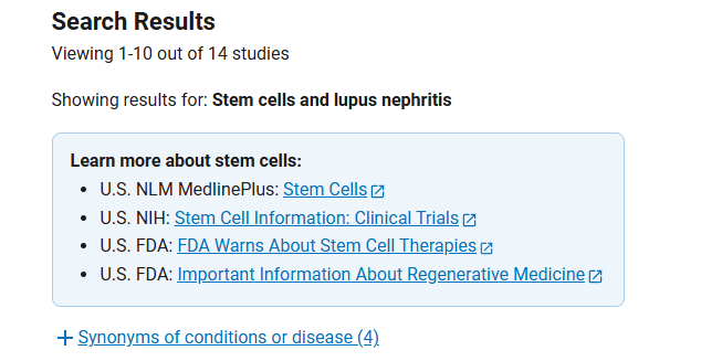 clinicaltrials.gov網站上注冊的有關干細胞治療狼瘡性腎炎的臨床研究項目有14項 clinicaltrials.gov網站上注冊的有關干細胞治療狼瘡性腎炎的臨床研究項目有14項