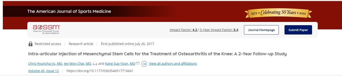 美國運動雜志:關節內注射間充質干細胞治療膝關節骨關節炎:為期2年的隨訪研究