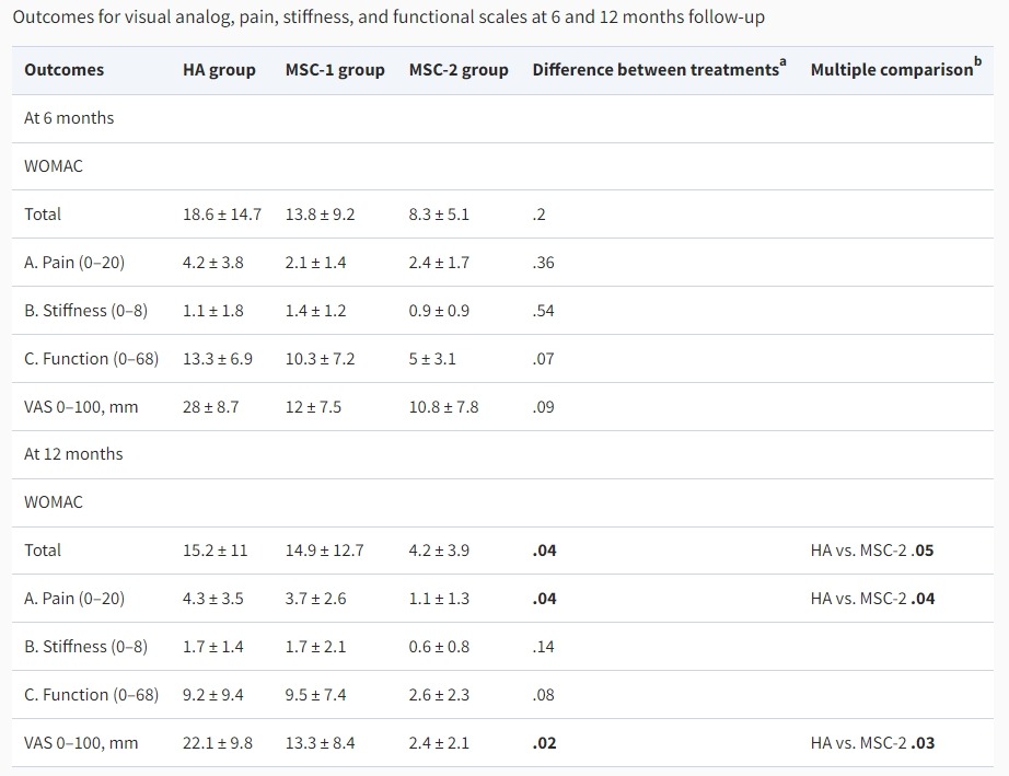 圖2：6個(gè)月和12個(gè)月隨訪中的視覺(jué)模擬、疼痛、僵硬和功能量表結(jié)果