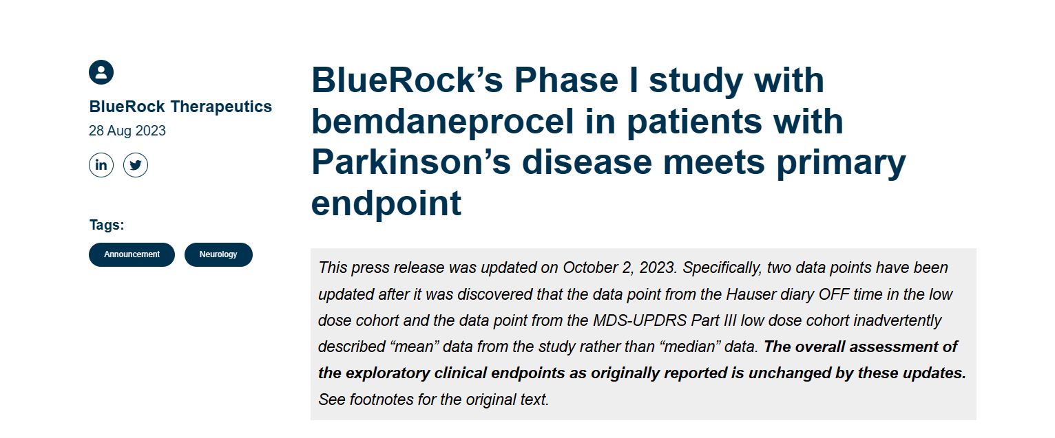 馬薩諸塞州劍橋的生物技術(shù)公司 BlueRock Therapeutics 開展，試驗(yàn)為參與者提供了源自人類 ES 細(xì)胞的 A9 祖細(xì)胞