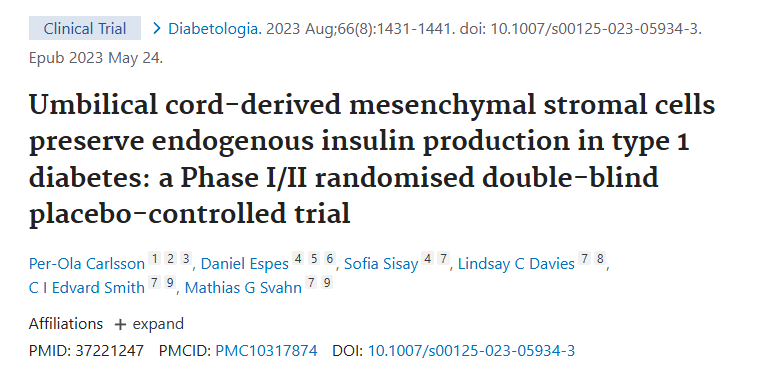 臍帶間充質基質細胞保留 1 型糖尿病患者的內源性胰島素產生：一項 I/II 期隨機雙盲安慰劑對照試驗