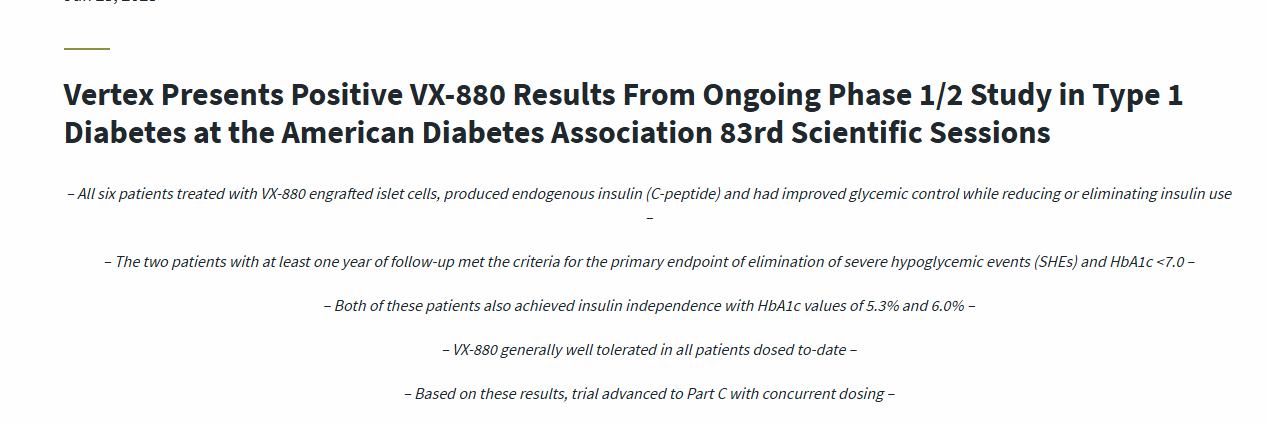 Vertex 在美國(guó)糖尿病協(xié)會(huì)第 83 屆科學(xué)會(huì)議上公布了正在進(jìn)行的 1/2 期1型糖尿病 VX-880 研究的積極結(jié)果。 Vertex 在美國(guó)糖尿病協(xié)會(huì)第 83 屆科學(xué)會(huì)議上公布了正在進(jìn)行的 1/2 期1型糖尿病 VX-880 研究的積極結(jié)果。