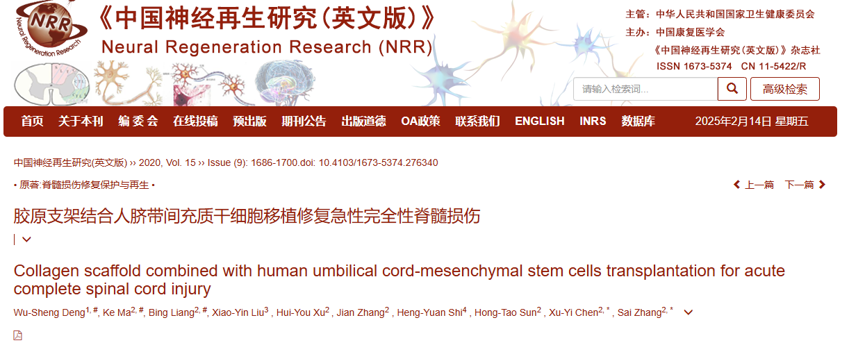膠原支架聯合人臍帶間充質干細胞移植治療急性完全性脊髓損傷