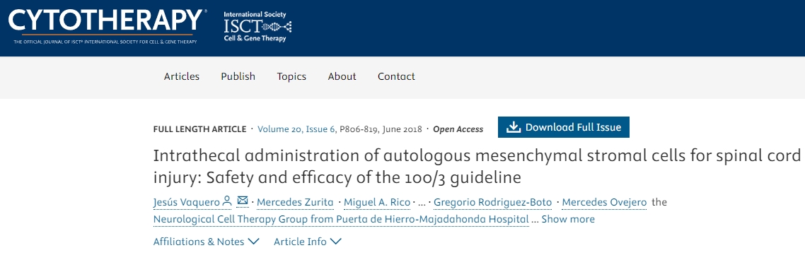 自體間充質基質細胞鞘內給藥治療脊髓損傷：100/3指南的安全性和有效性