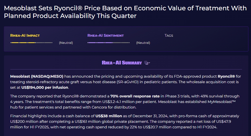 Mesoblast根據(jù)治療的經(jīng)濟(jì)價(jià)值確定Ryoncil?價(jià)格，預(yù)計(jì)本季度產(chǎn)品上市