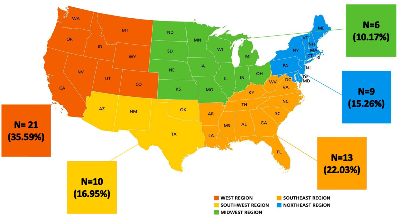 圖1:美國地圖顯示了提供勃起功能障礙干細(xì)胞治療的主要中心的位置