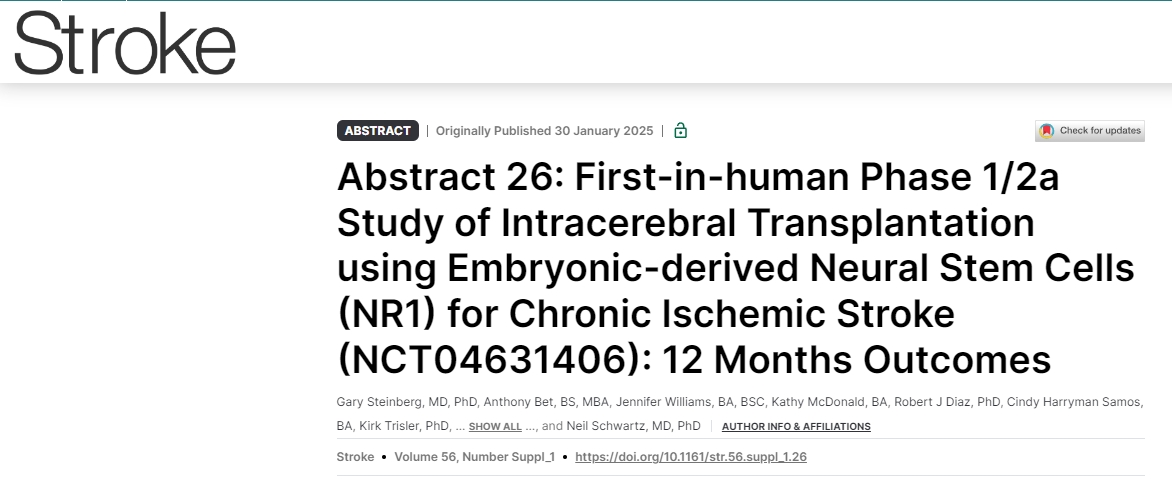 首次使用胚胎源性神經干細胞 (NR1) 進行腦內移植治療慢性缺血性中風的 1/2a 期人體研究 (NCT04631406)：12 個月結果